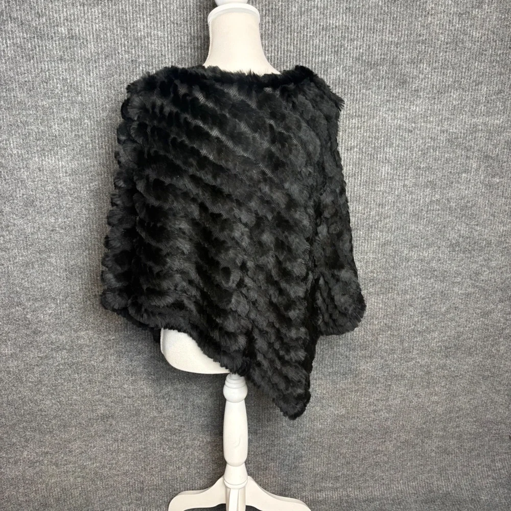 Black Rivet Genuine Rabbit Fur Poncho Wrap Black Wool Blend One Size Asymmetric